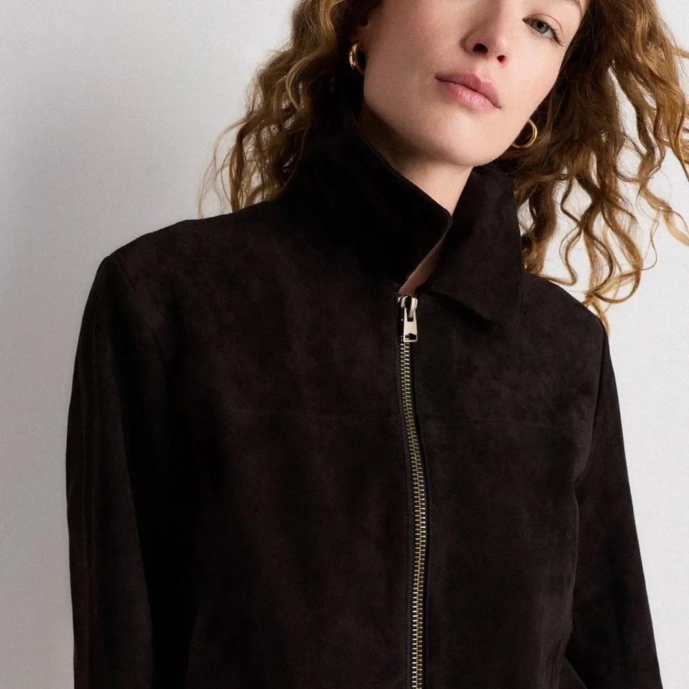 Quince 100% Suede Zip Front Cropped Jacket in Espeesso Size Medium 661